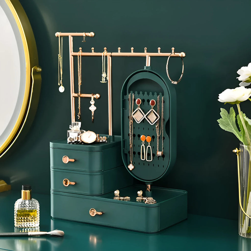 Light luxury cosmetics storage box with mirror in Pearl White on a desktop