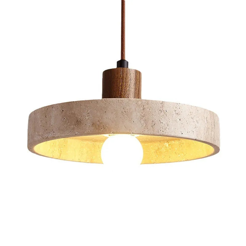 Small yellow cave stone and solid wood pendant light on a bedside table, 21 cm diameter, wood colour option