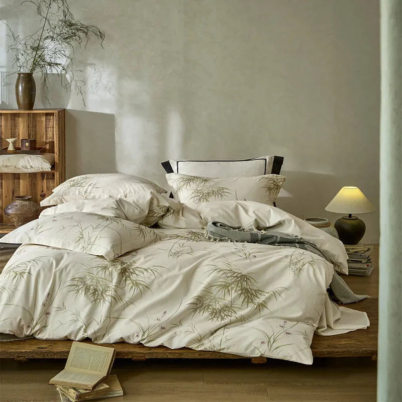 Cotton and linen yarn-dyed printed bed sheet set with plants and flowers pattern in beige, four-piece double bedding
