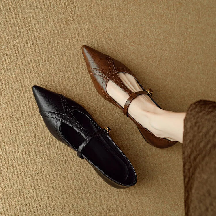 Brown women's pointed toe flat shoes with a low-cut design and soft sole.