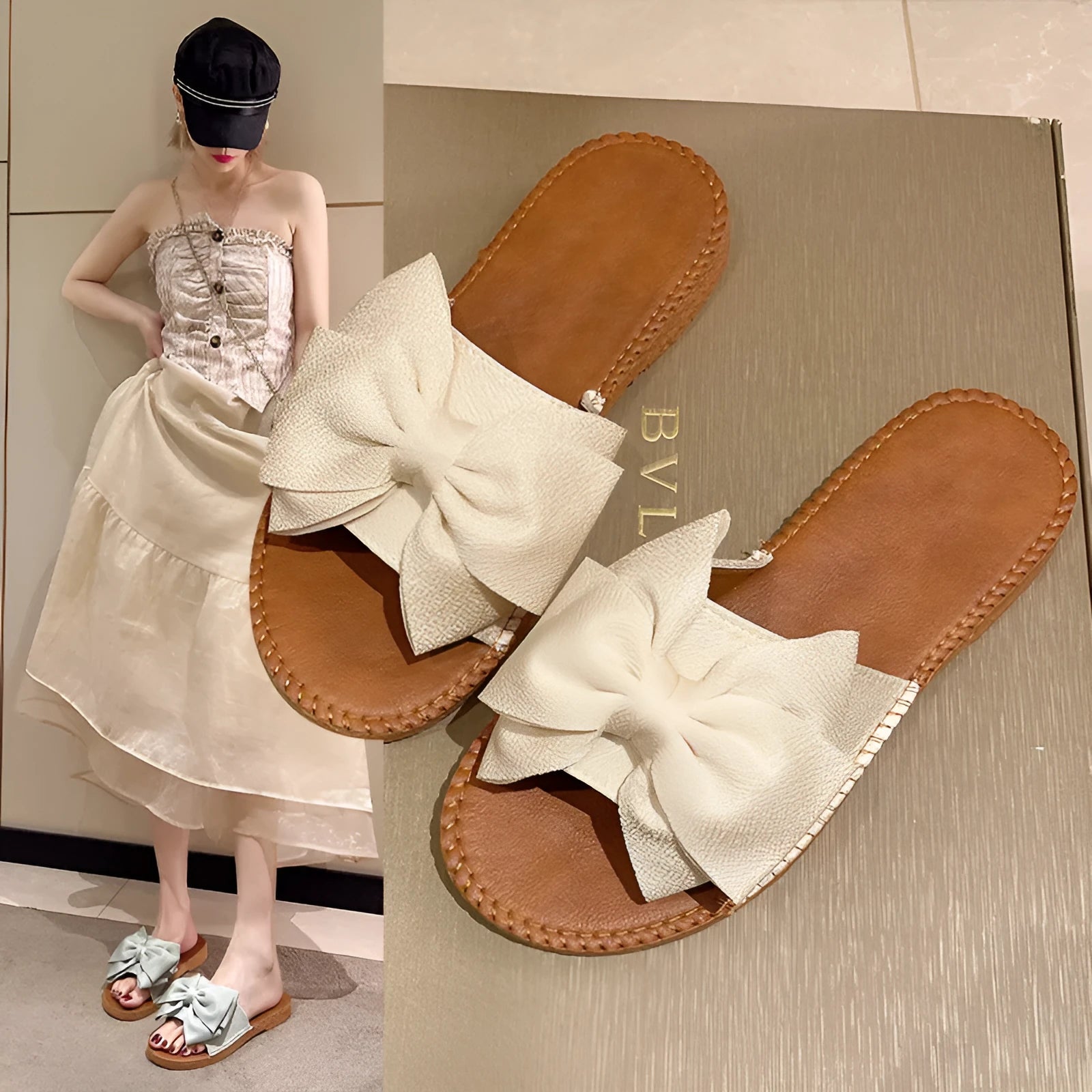 Women's slip-on suede sandals with bow detail in beige, light green, and pink colour options
