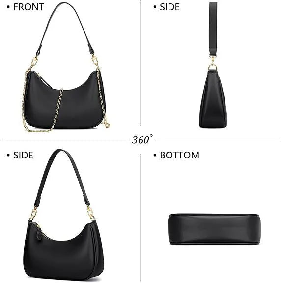 Black women's retro PU shoulder bag with horizontal square shape and sewing thread detailing on plain background