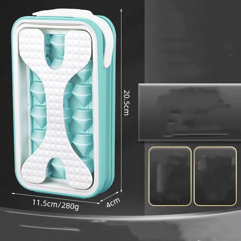 Portable silicone ice ball mould and water bottle in light grey, sky blue, or white, showing 2-in-1 design.