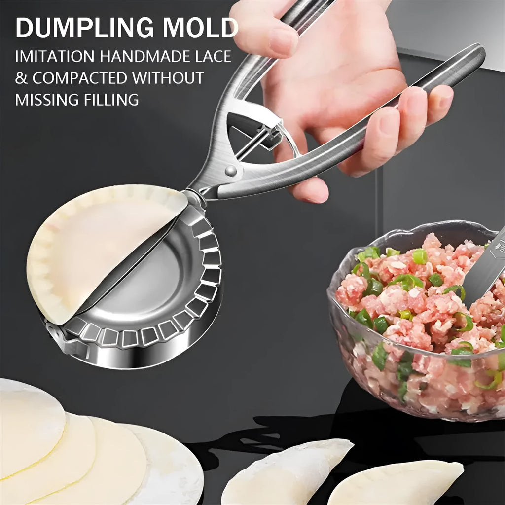 Silver stainless steel kitchen dumpling mould with handle for manual pressing
