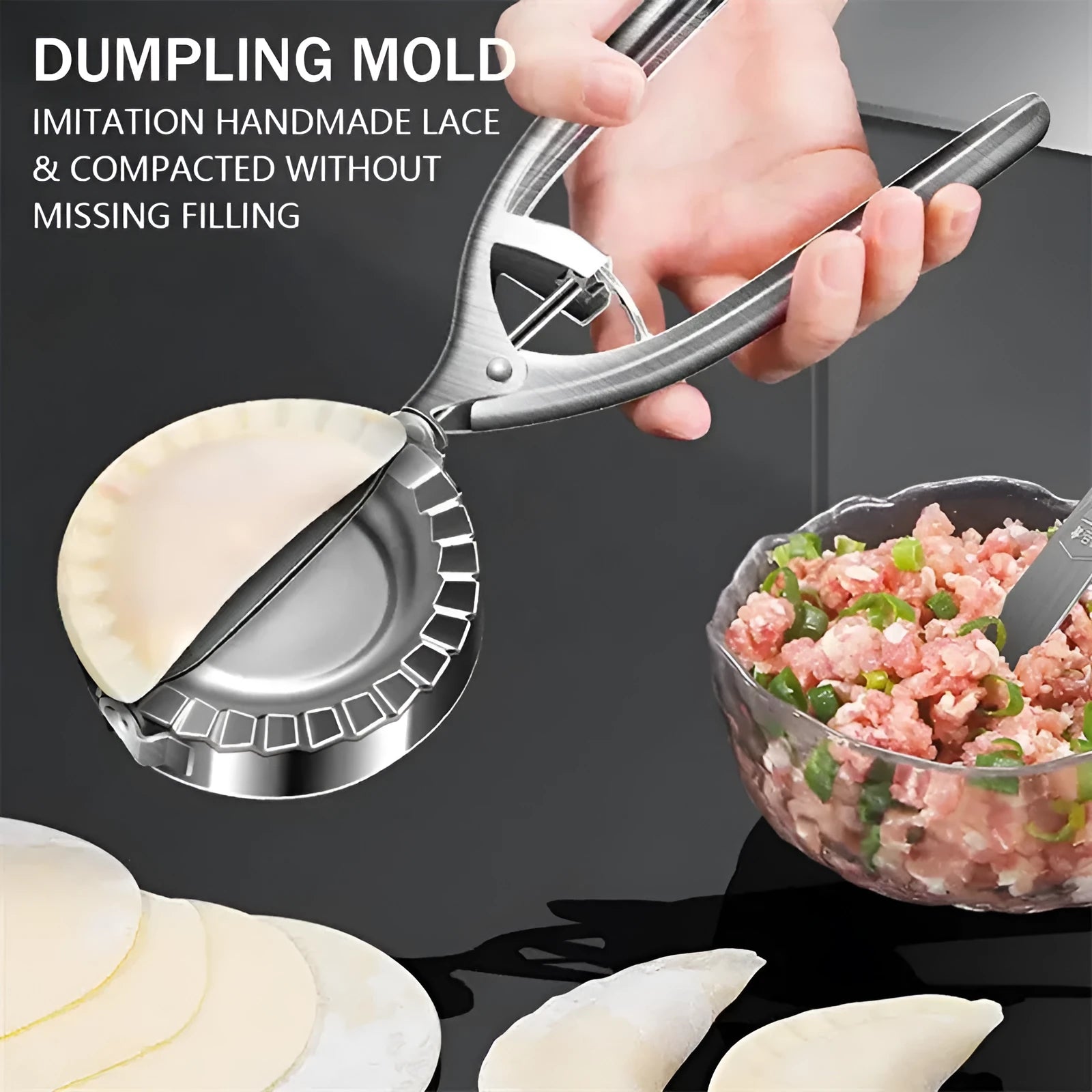 Silver stainless steel kitchen dumpling mould with handle for manual pressing