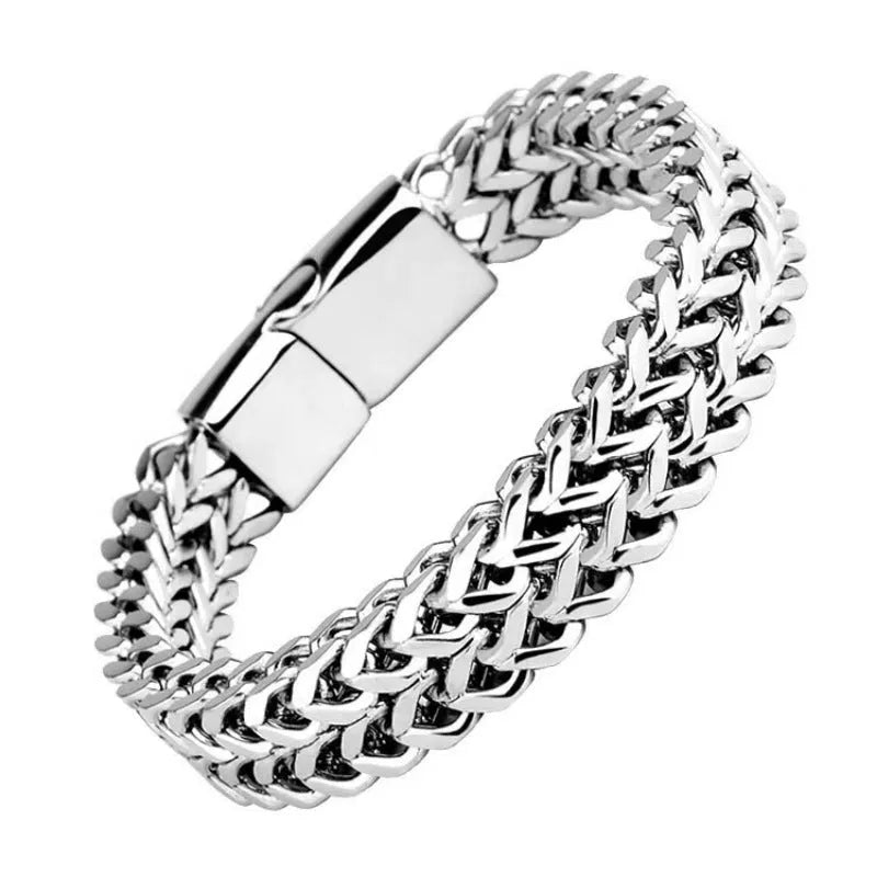Silver titanium steel geometric hip hop bracelet showing front and back simple design