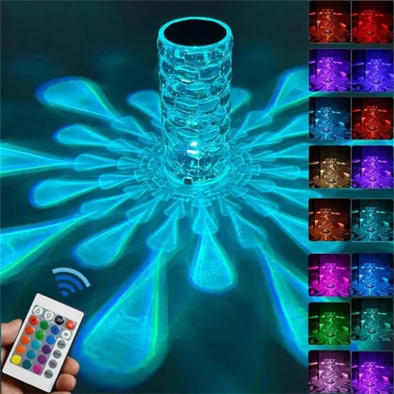 Crystal table lamp rechargeable with teardrop acrylic shade showing droplet shadow effect on a bedside table