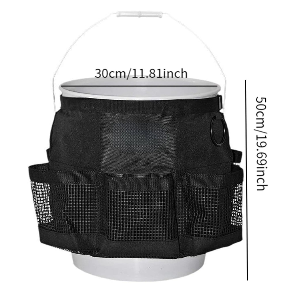 Black cylindrical polyester storage bag hanging on a 5 gallon bucket.