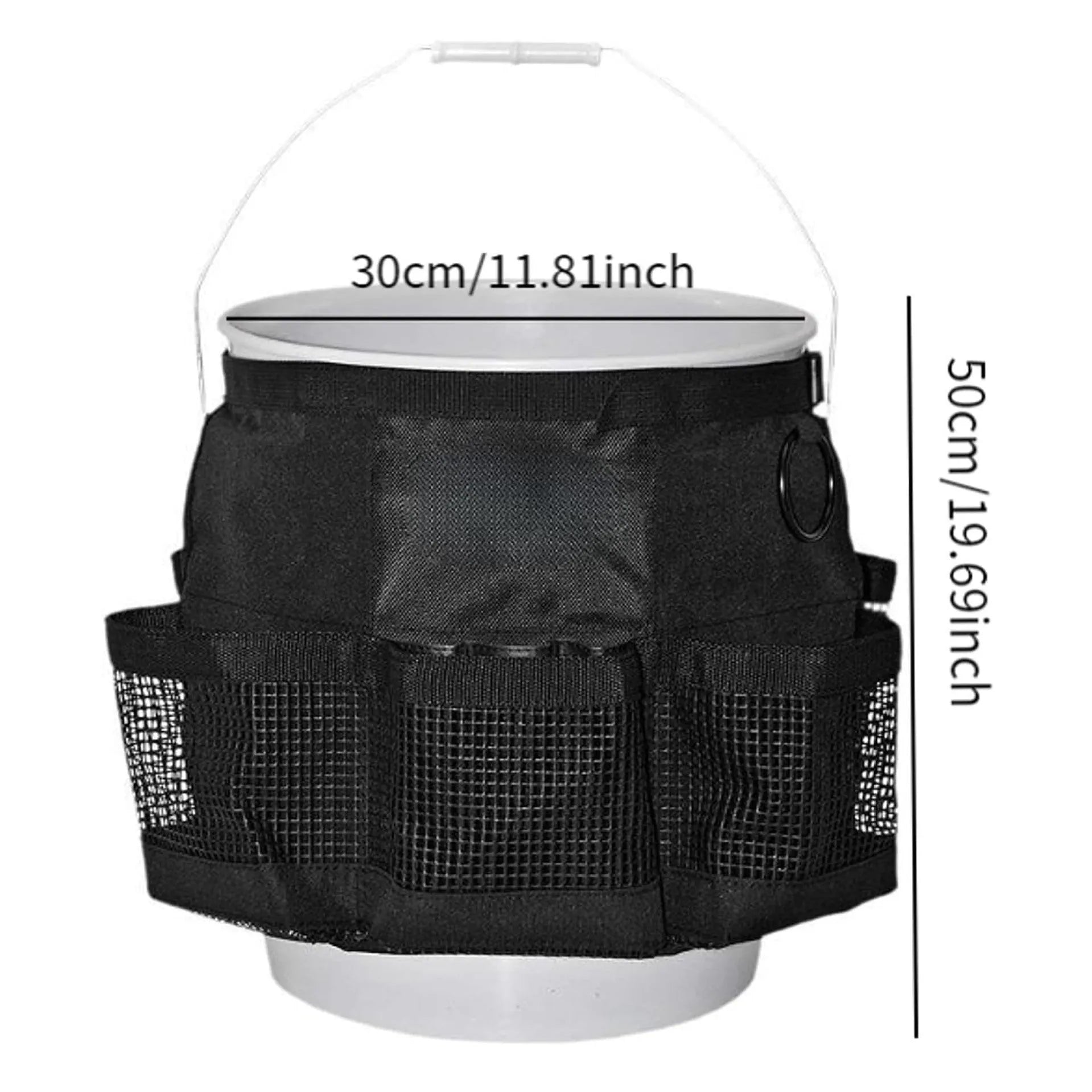 Black cylindrical polyester storage bag hanging on a 5 gallon bucket.