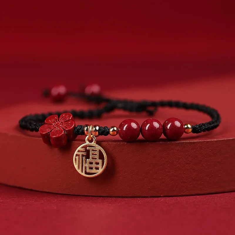 Cinnabar braided rope bracelet with traditional blessing card in ethnic style for unisex wear