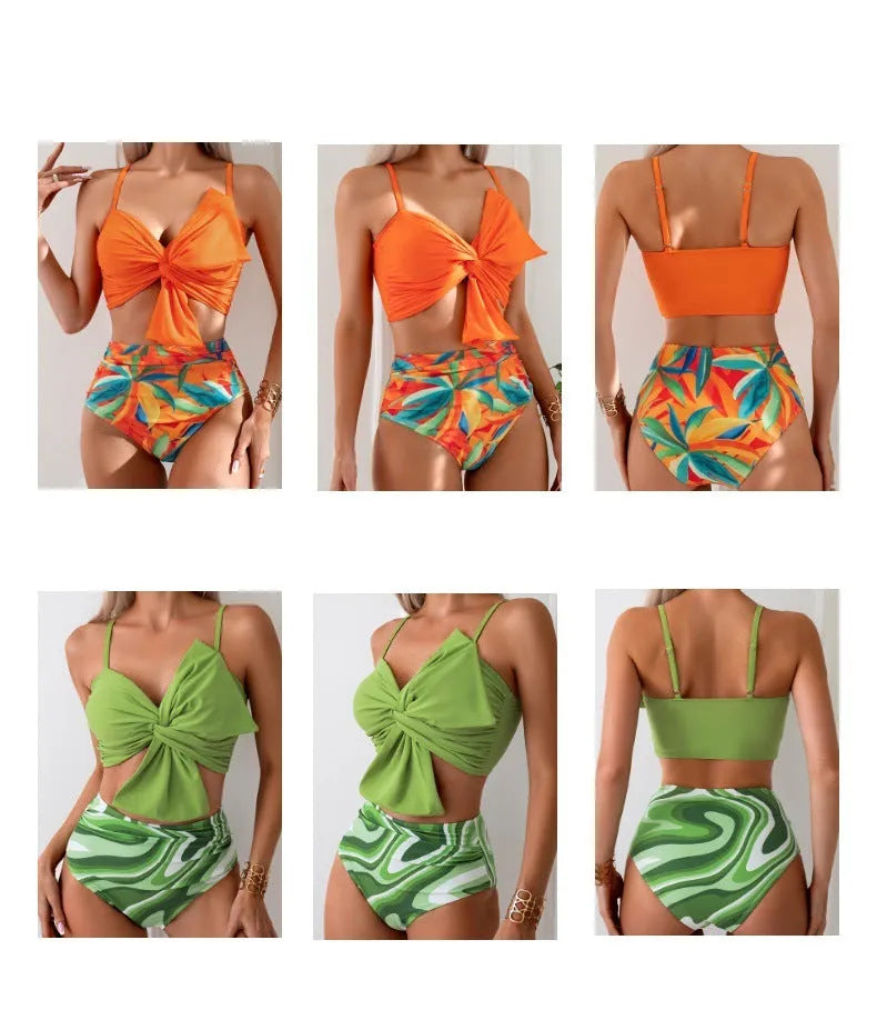 Women's bikini swim set with big bow design on nylon swim trunks in multiple colour options