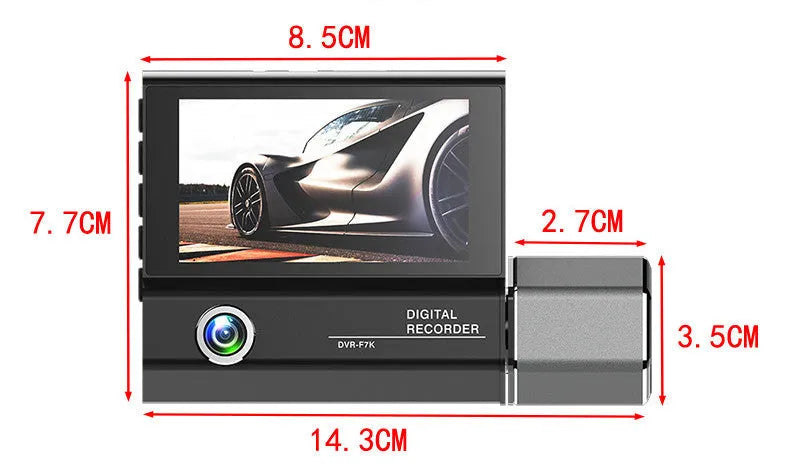 Black plastic 3-lens car dashcam with touch screen, suitable for vehicle recording