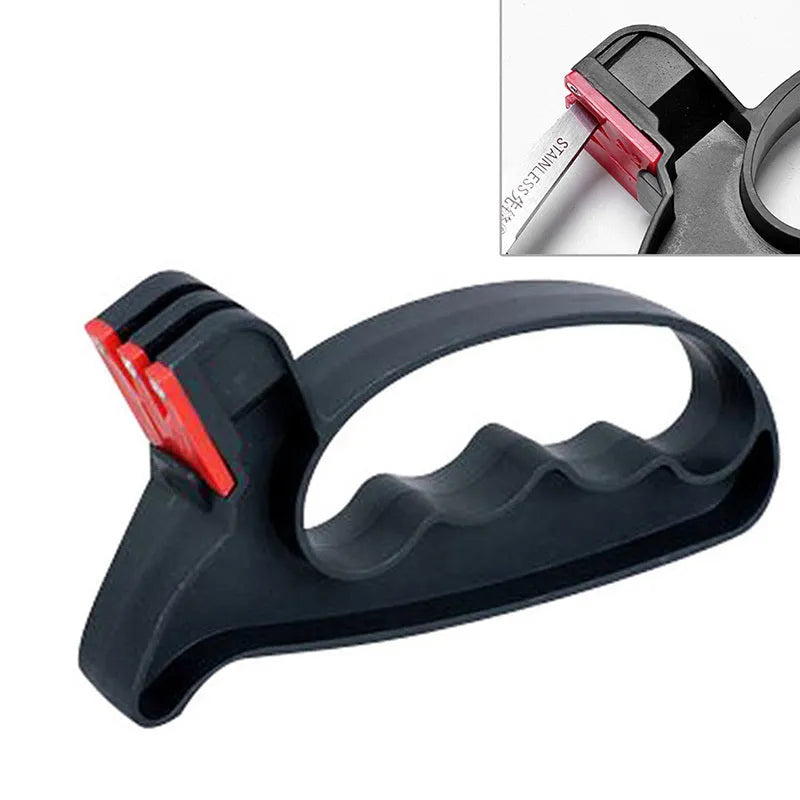 Handheld 2-in-1 black knife and scissor sharpener with tungsten steel blade on white background