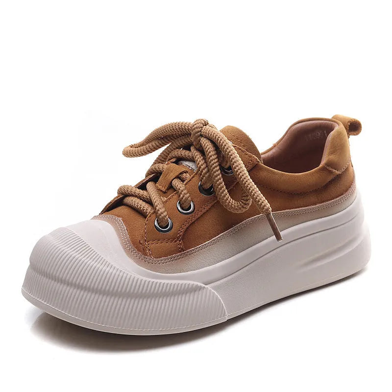 Women's yellow leather lace-up casual shoes with round toe and rubber soles