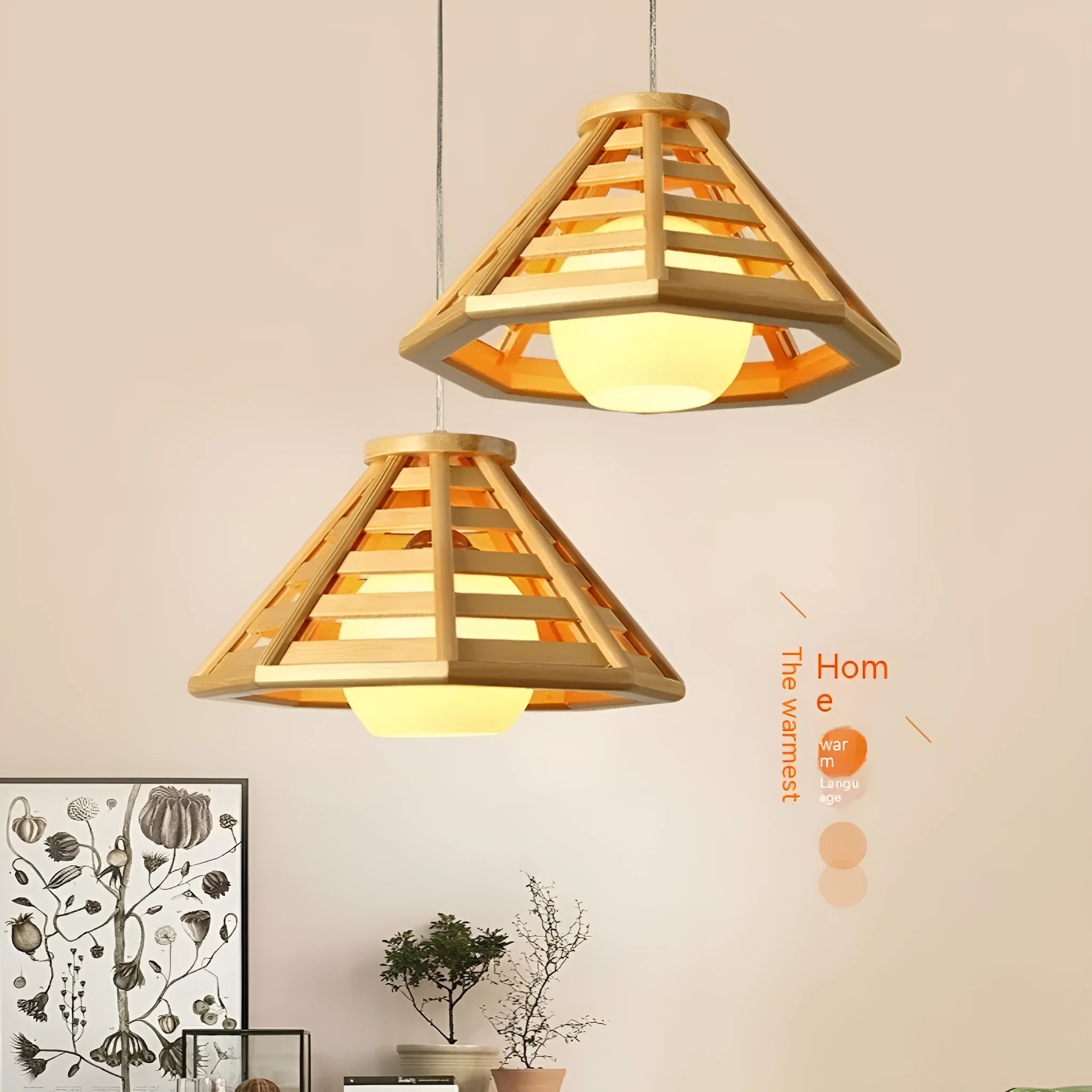 Modern minimalist bamboo woven woodcraft ceiling pendant lamp with LED light, 35cm wood colour