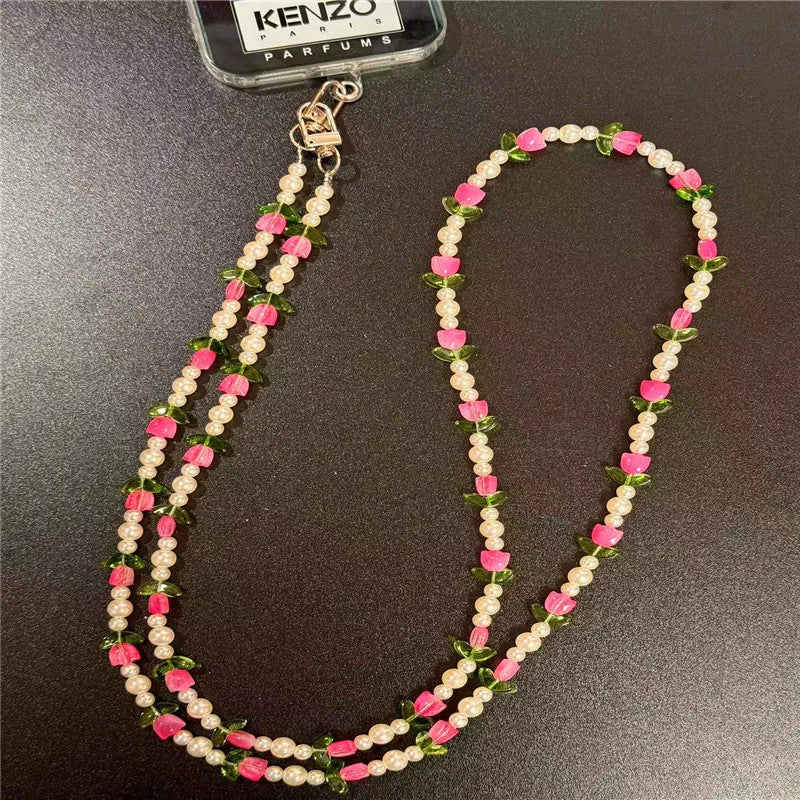 Tulip round beads mobile phone lanyard with card holder, long crossbody chain in PVC