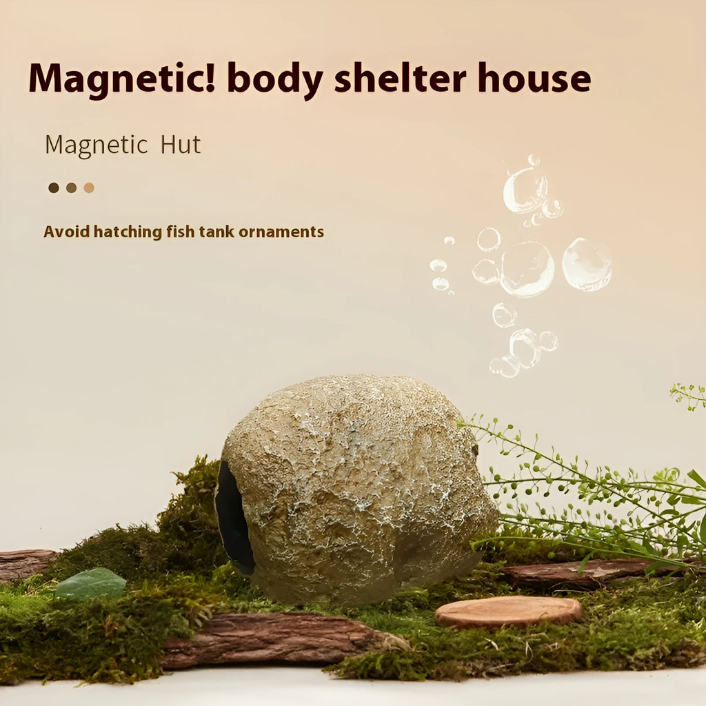 Magnetic fish tank shelter ornament attached to glass aquarium with optional food patch