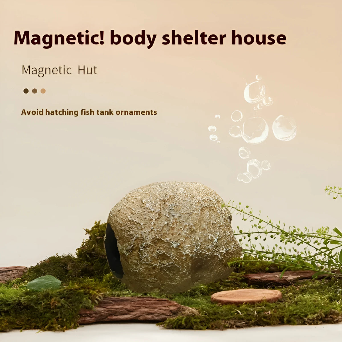Magnetic fish tank shelter ornament attached to glass aquarium with optional food patch