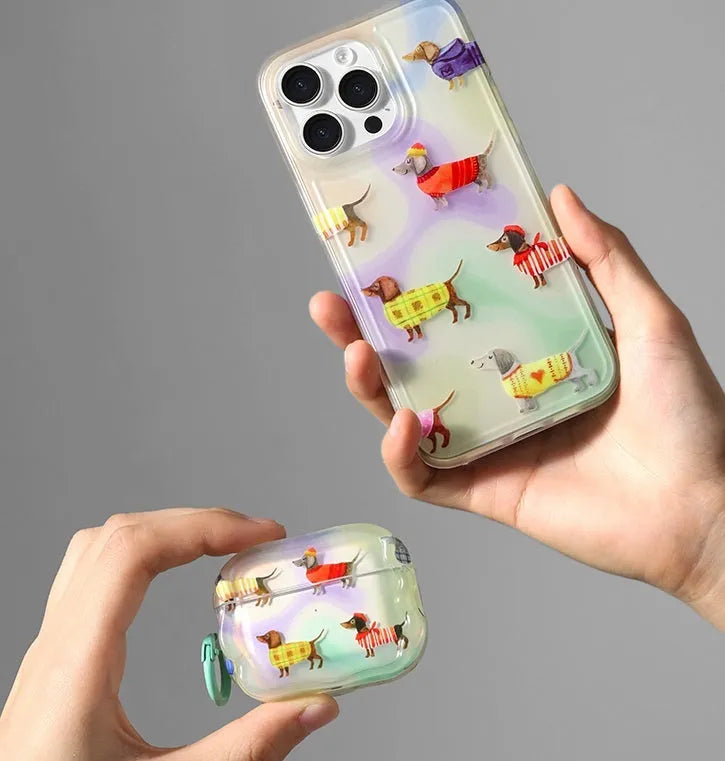 Artistic cute dachshund dog TPU protective cover for AirPods with colourful hanging hole