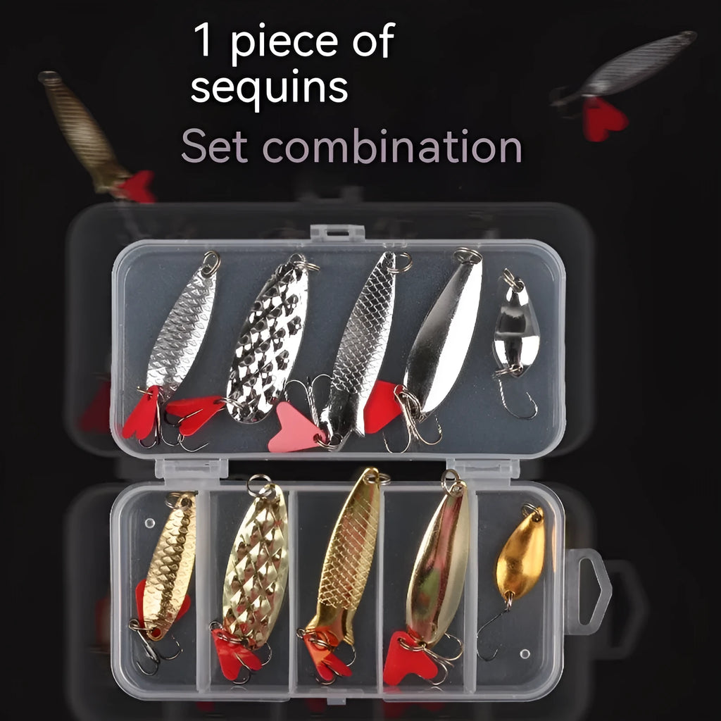 Metal sequin iron fishing lures with pineapple pattern in packaging showing quantity options