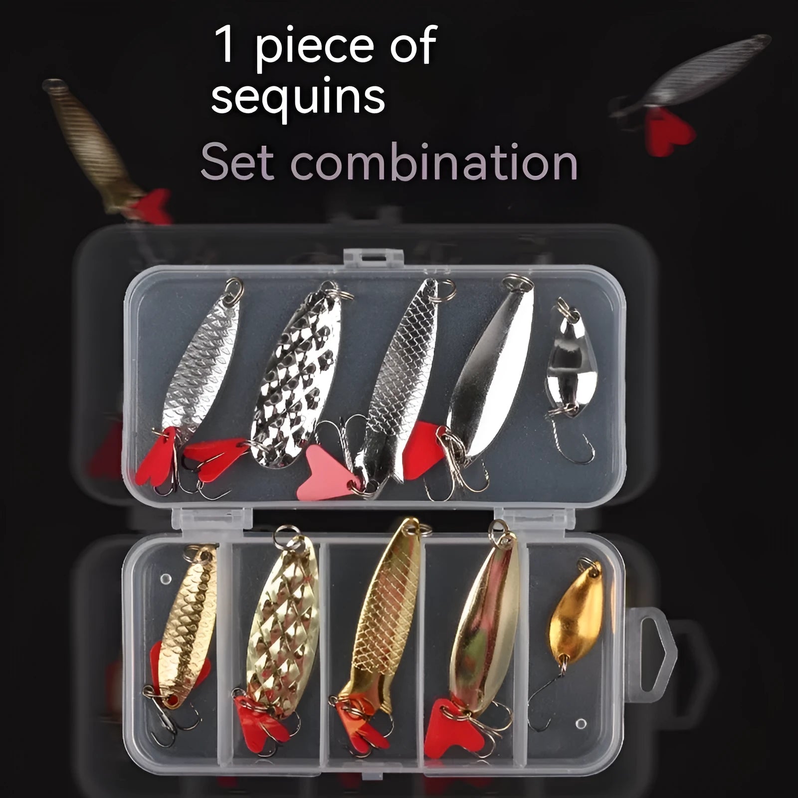 Metal sequin iron fishing lures with pineapple pattern in packaging showing quantity options