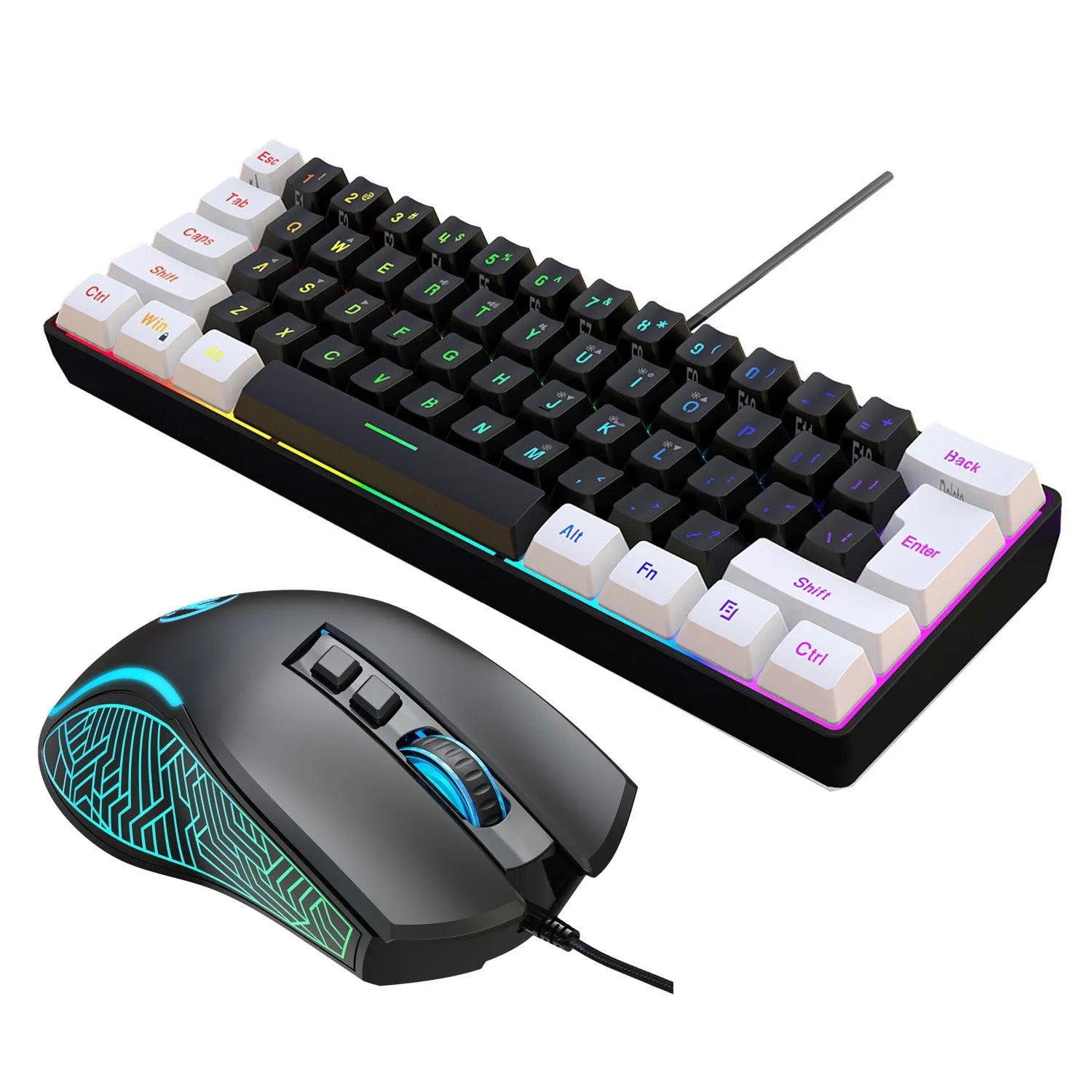White and black wired 61-key USB membrane keyboard on a desk next to a laptop.