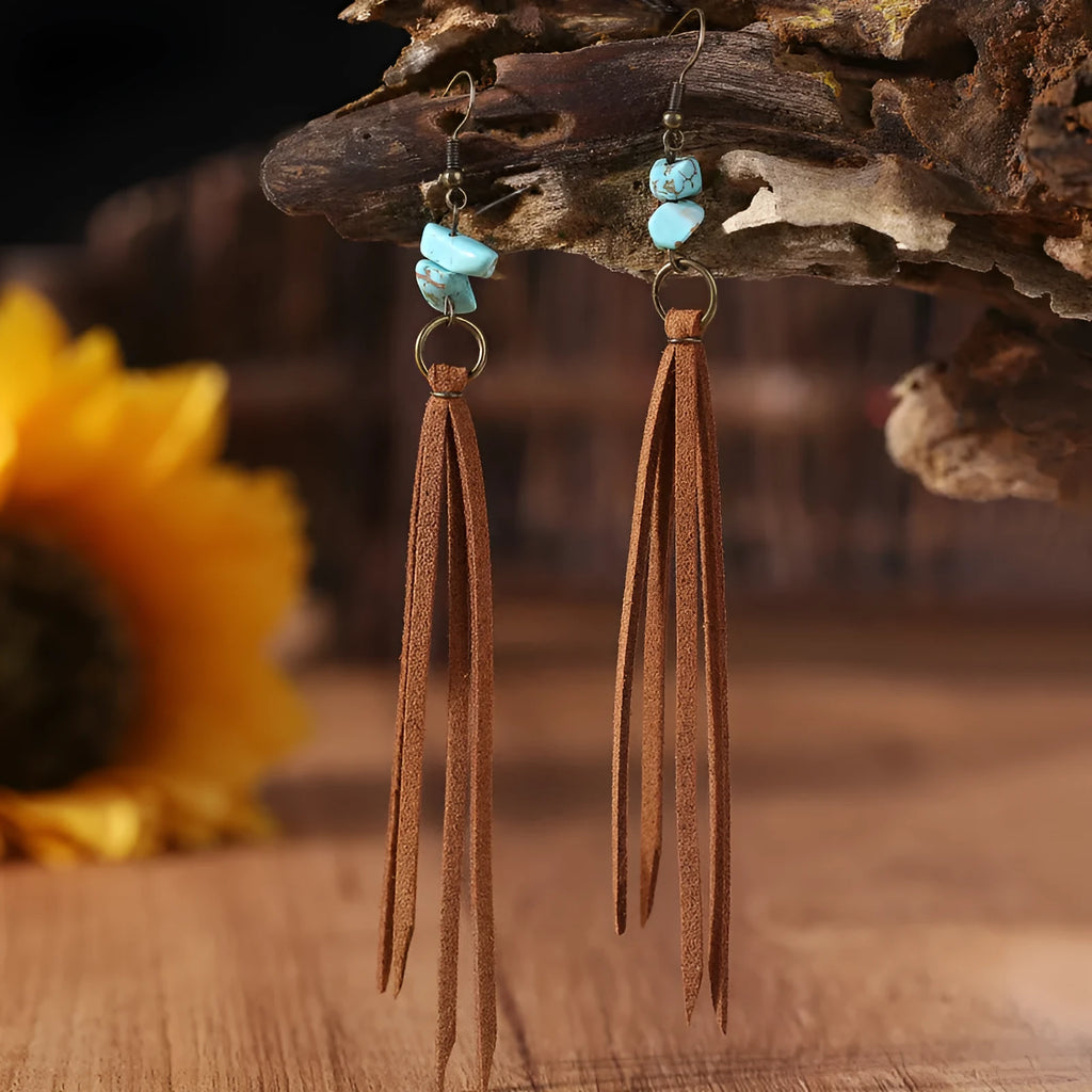 Retro long turquoise leather tassel earrings with geometric shape for women