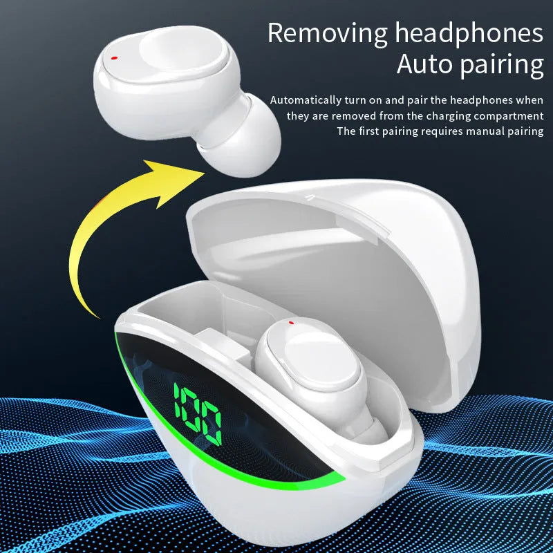 Wireless Bluetooth headset with digital display, in-ear design, touch control, black or white colour, USB 3.0 interface.