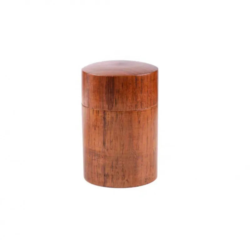 Wood texture tea canister with offset printing, 7.5cm diameter and 12cm height, brown finish