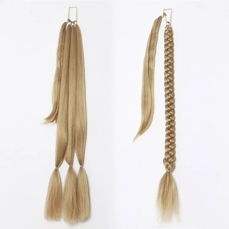 Winding ponytail wig in brown black, high-temperature fibre, non-hot dyed, on a stand.