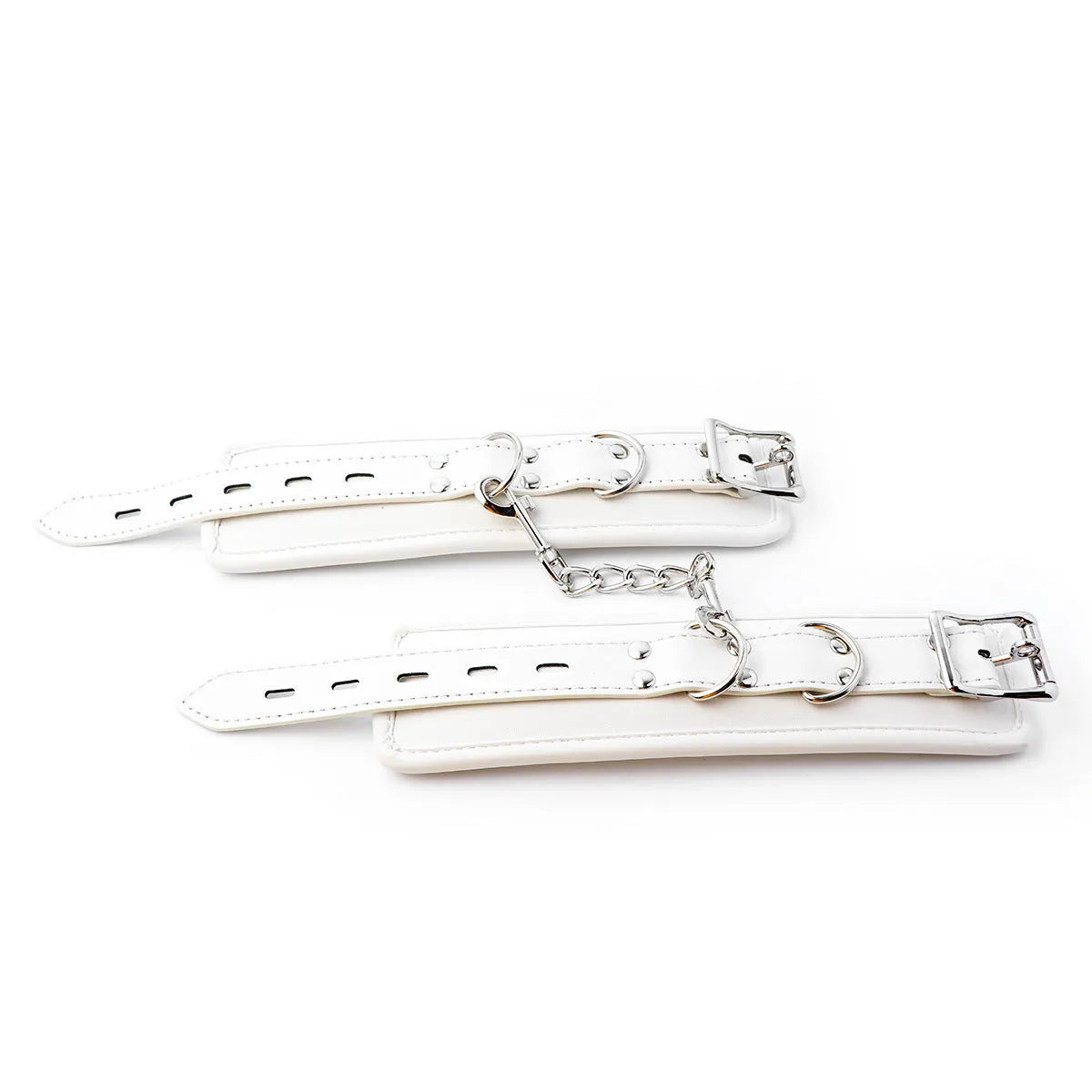 White PU sponge bondage set showing handcuffs, foot cuffs, and a neck scarf laid flat.