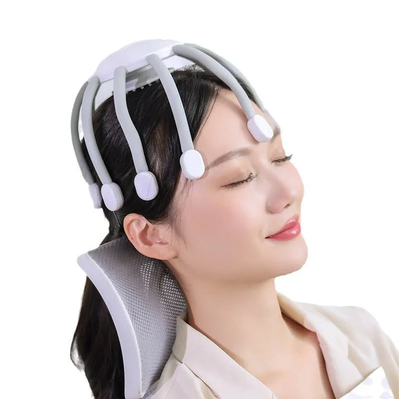 Black USB rechargeable head massager with multiple vibrating claws on a white background.