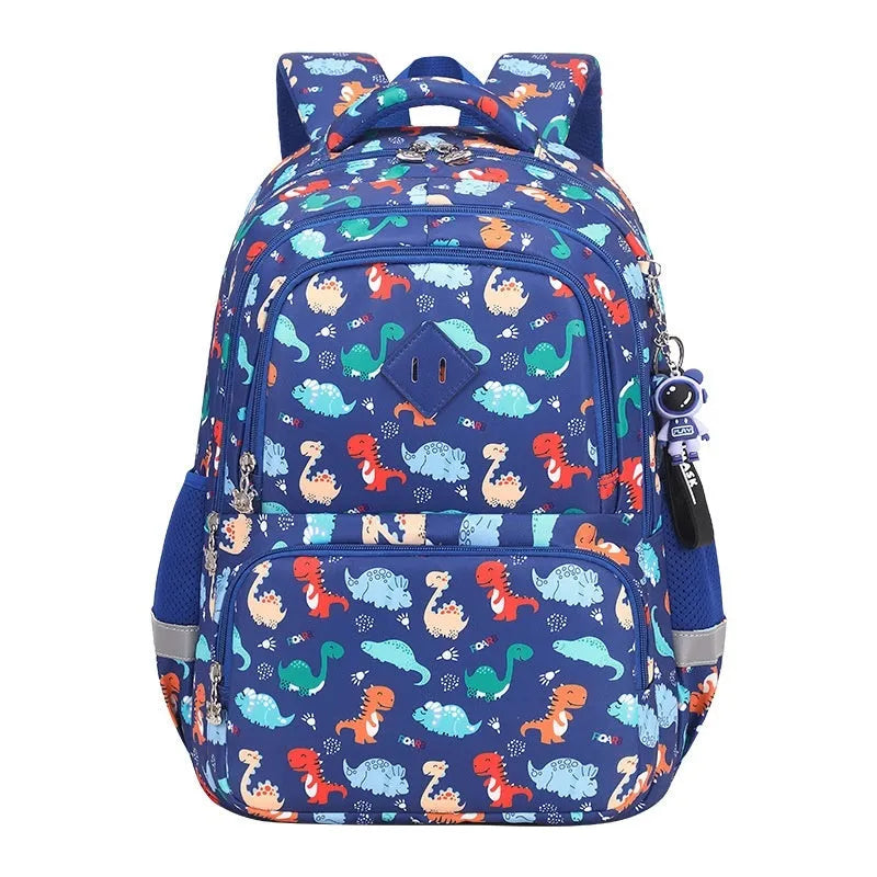 Children's waterproof Oxford cloth school backpack in dinosaur pattern with curved shoulder straps