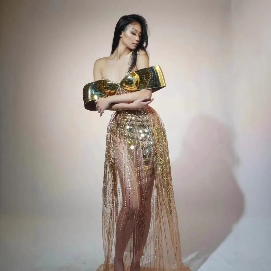 Gold strapless sequined dress with tulle skirt split, showing front and back views
