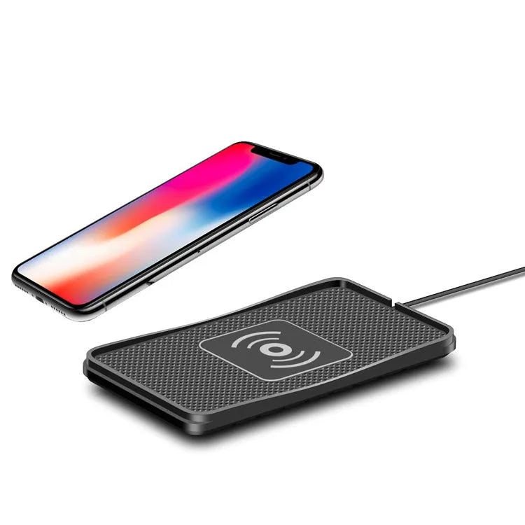 Black anti-slip car wireless charger compatible with Apple iPhone, 175x93x14mm, placed on car dashboard