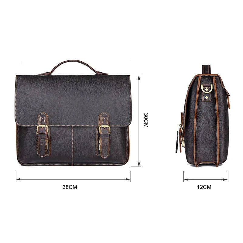 Men's retro cowhide leather business briefcase in black with adjustable shoulder strap, 38cm length