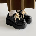 Matte black women's lace-up shoes with a chunky 6-8cm heel and round toe on a white background.