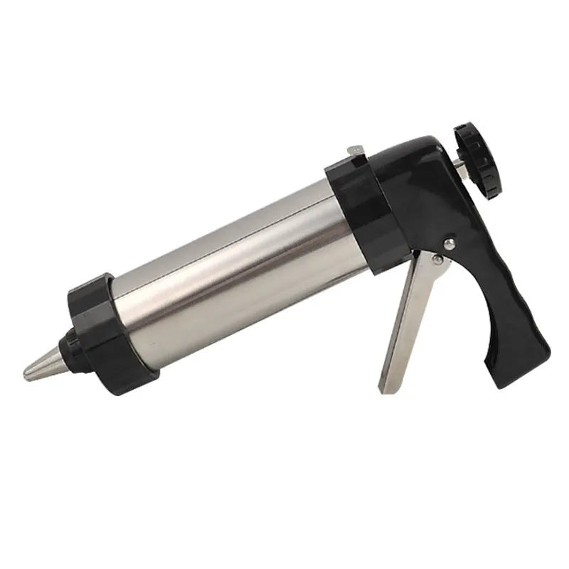 Stainless steel biscuit press with 13 moulds and 8 piping nozzles in a colour gift box