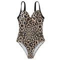 Leopard print one piece swimsuit with adjustable shoulder strap on woman at poolside