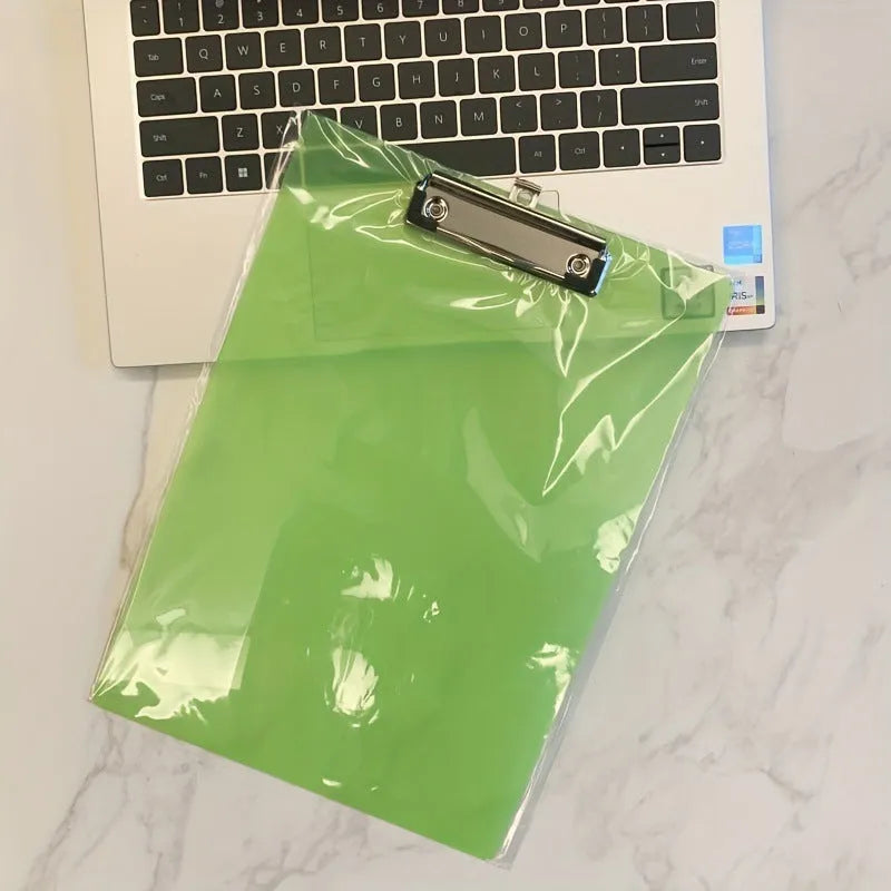 Clear plastic A4 plate holder with metal clip showing document inside, available in blue, green, red and white colours