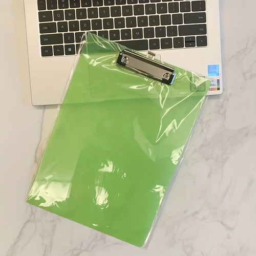 Clear plastic A4 plate holder with metal clip showing document inside, available in blue, green, red and white colours