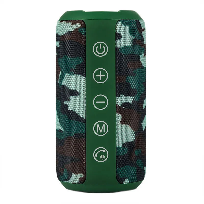 Compact portable outdoor Bluetooth speaker in black, showing control buttons and a speaker grille.