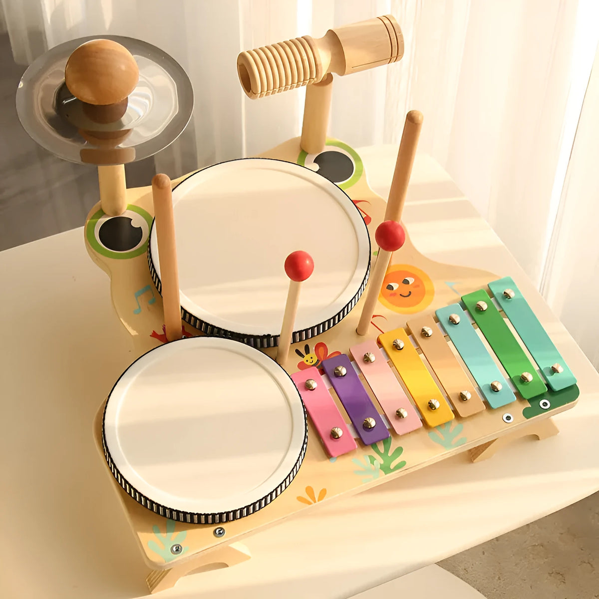 Wooden frog multi-functional drum kit educational toy, 33 x 30 x 23 cm, in a colour box