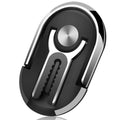 Universal black car phone bracket with 360-degree rotating ring and adhesive base mounted on a dashboard
