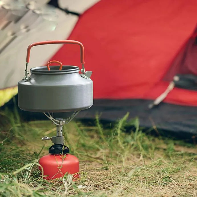 Portable folding mini camping stove in unfolded position showing 3000W burner and anti-skid bracket