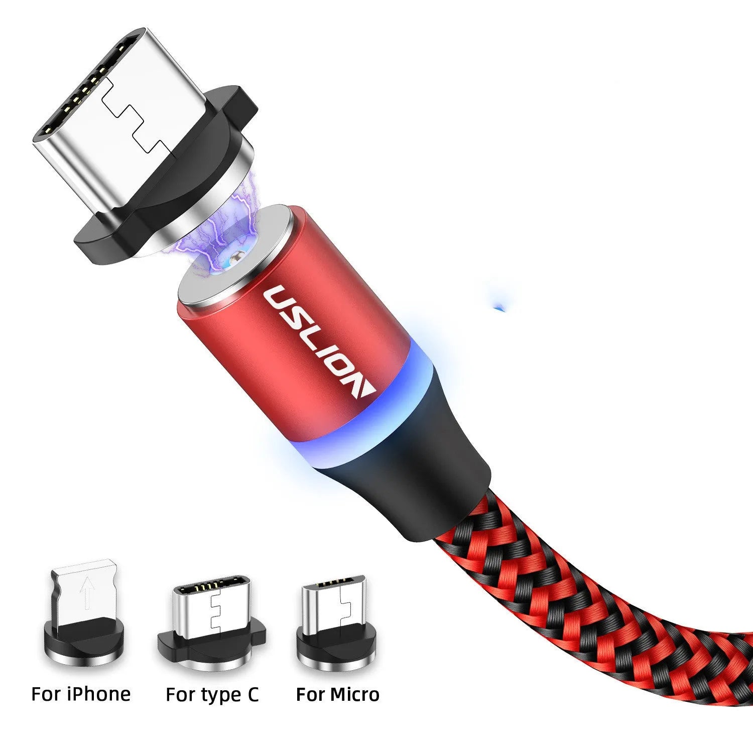 Magnetic USB cable fast charging 1m nylon braided aluminium alloy with blue LED for Android iOS Type-C