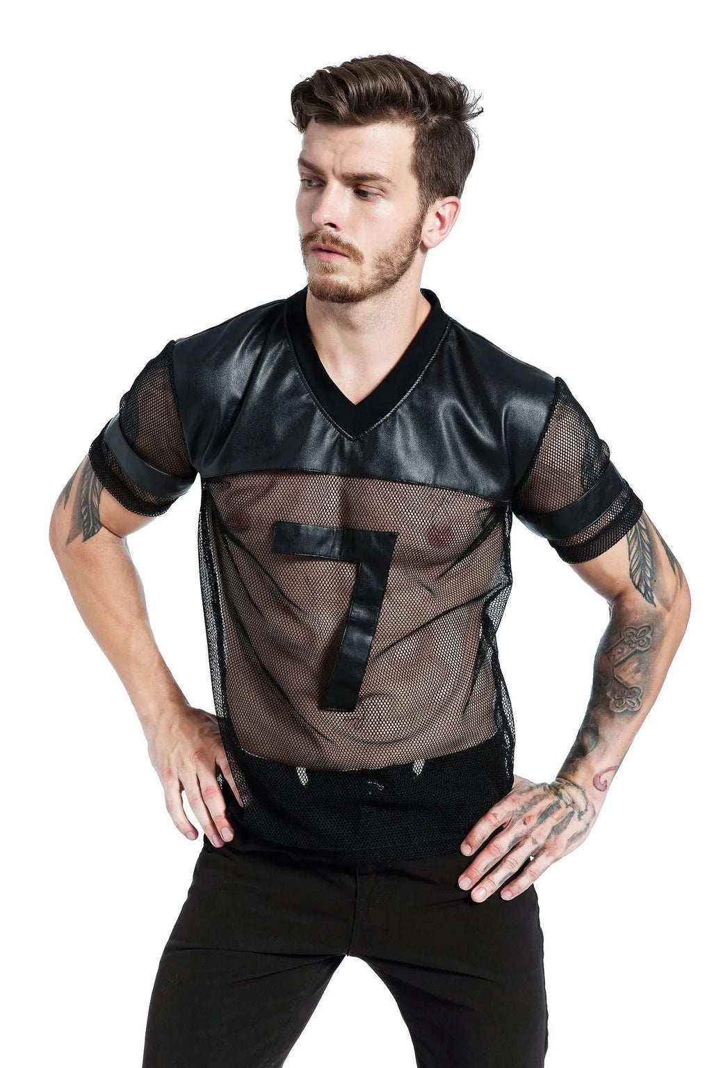 Black men's breathable mesh sports T-shirt with V-neck design and stitching detail