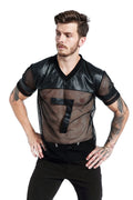 Black men's breathable mesh sports T-shirt with V-neck design and stitching detail