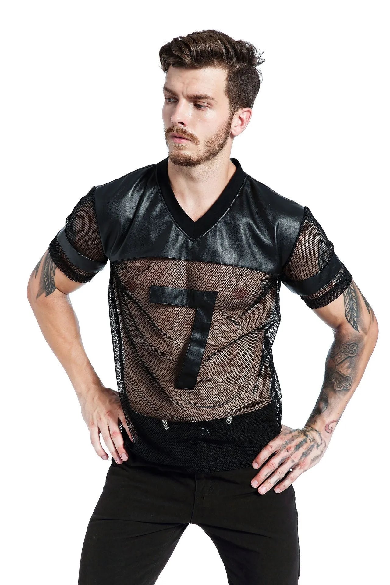 Black men's breathable mesh sports T-shirt with V-neck design and stitching detail