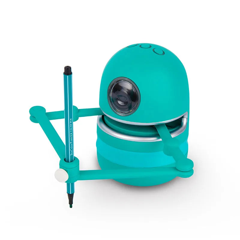 Children painting robot with English voice guidance on a table, showing drawing cards and suction cup base